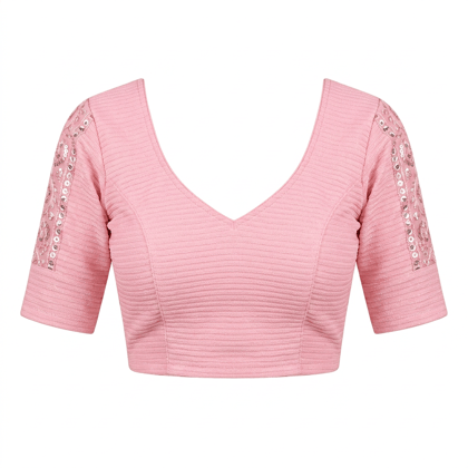 Women's Pink Textured Short Sleeve Blouse with Mirror Work
