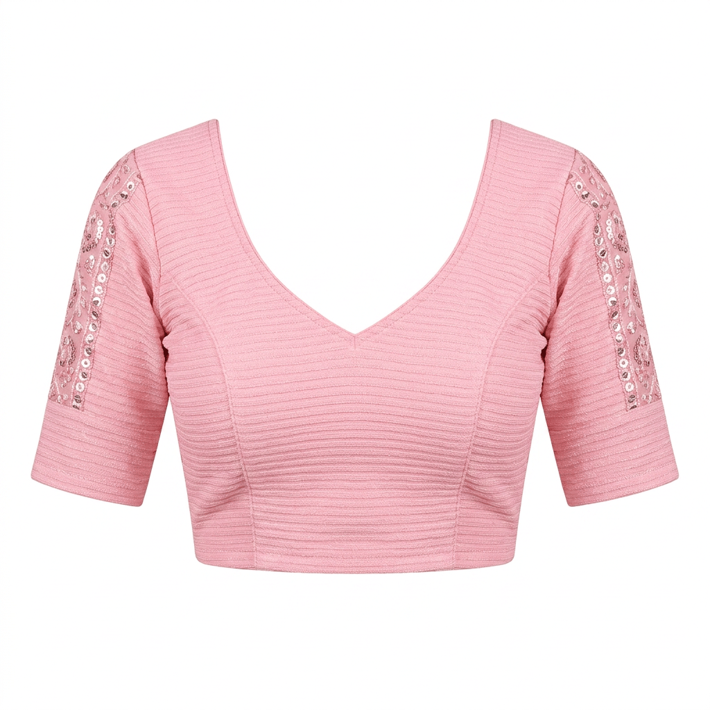 Women's Pink Textured Short Sleeve Blouse with Mirror Work