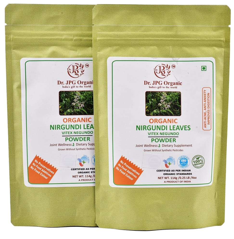Dr. JPG Organic Nirgundi Leaves Powder For Joint Pain-114g / Vitex Negundo/INDIA ORGANIC Certified / (114g Pack Of 2)