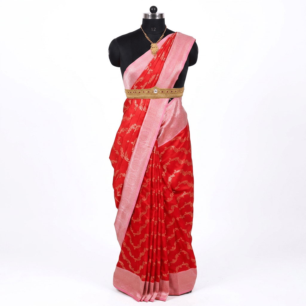 Women's Banarasi Silk Saree in Red and Pink with Gold Weaving