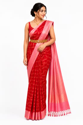 Women's Banarasi Silk Saree in Red and Pink with Gold Weaving