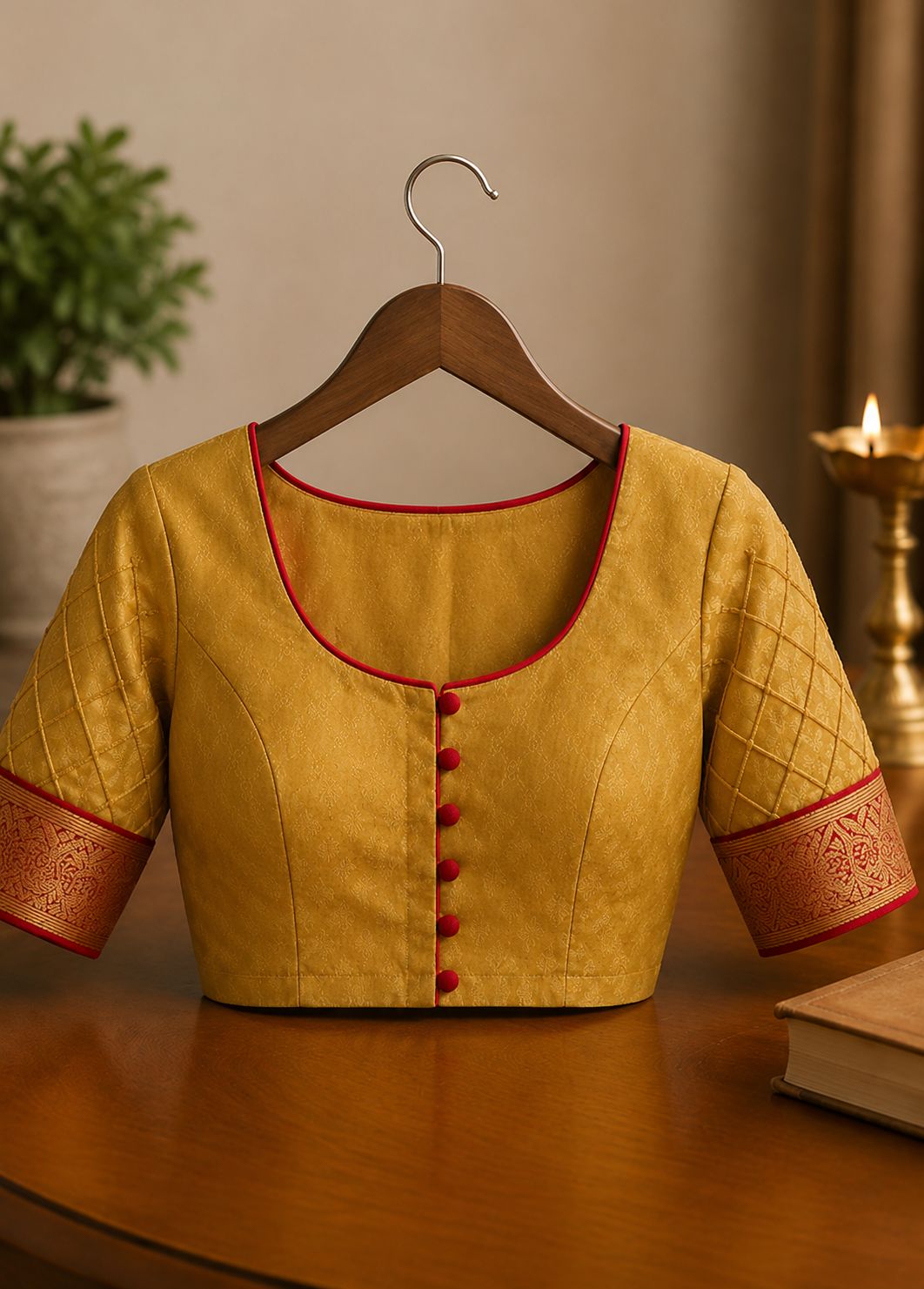 Women's Embroidered Mustard Silk Blouse