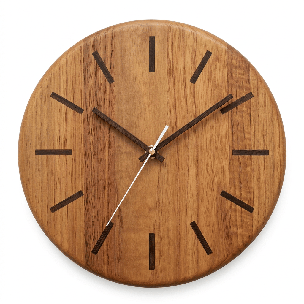 Mid-Century Modern Round Walnut Silent Wall Clock, 30 cm