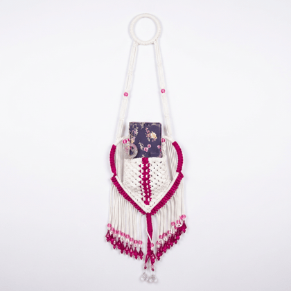 Handmade Macrame Mobile Holder Wall Hanging - White & Pink Handmade Macrame Mobile Holder Wall Hanging - White & Pink