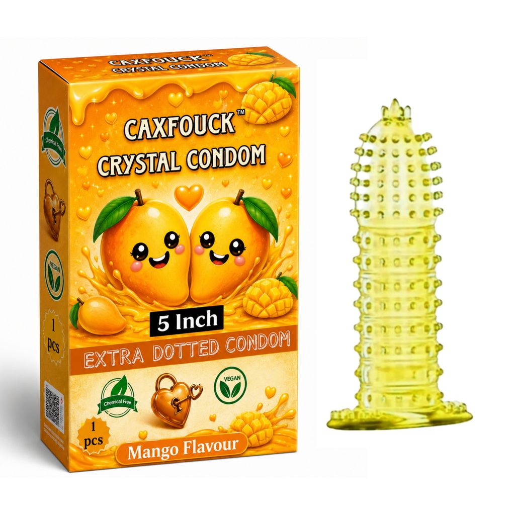 Caxfouck Crystal Condom Extra Dotted Mango Flavour 5 Inch Reusable Sleeve for Enhanced Pleasure (1 Pc)