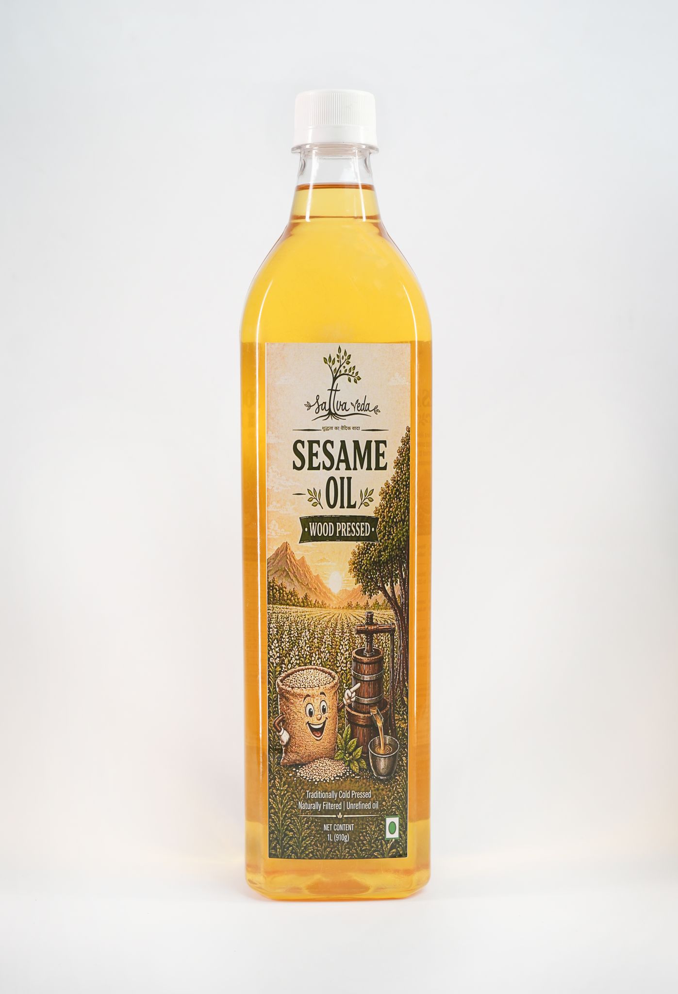 Sattva Veda Farms Wood Cold Pressed Sesame Oil (Gingelly Oil) - 1Litre | PET Bottle | Kacchi Ghani | 0 trans fat & Chemical free| Goodness of Omega 6 & Authentic Seed Flavour| Helps Lower Cholesterol