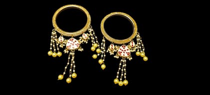 Pair of Gold-Plated Beaded Bangles with Pearl Hangings