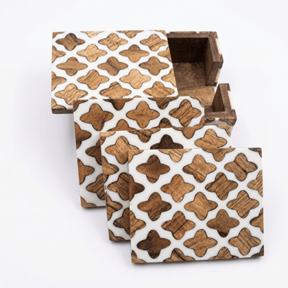 Acacia Wood and White Resin Floral Inlay Coaster Set with Holder - 5 Pieces