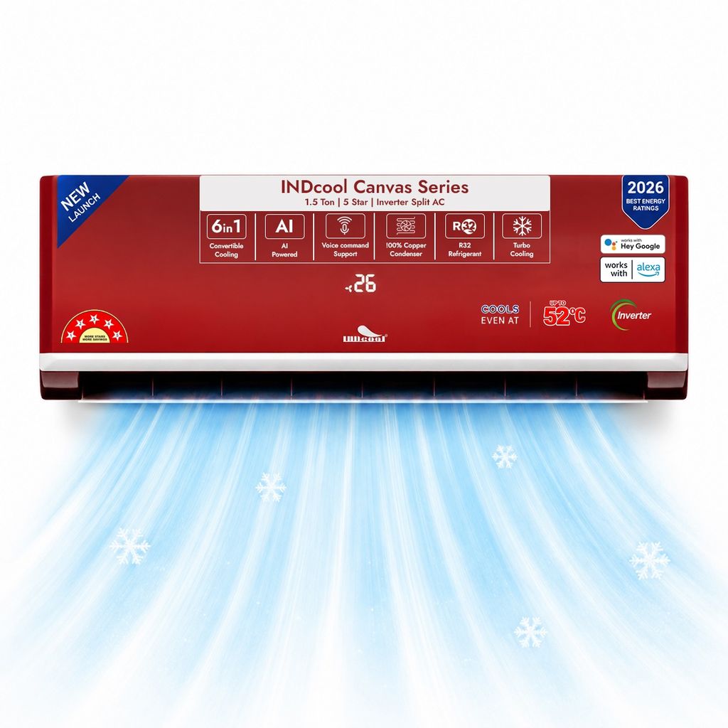 INDcool Canvas Series 1.3 Ton 5 Star Inverter Split AC | 6-in-1 Convertible Cooling | AI Powered | Wi-Fi Enabled | Voice Control | Bluetooth Connectivity | 100% Copper Condenser | Turbo Cooling | R32 Refrigerant | Redbloom Finish | IDCACSBF16K5CRB | 2026