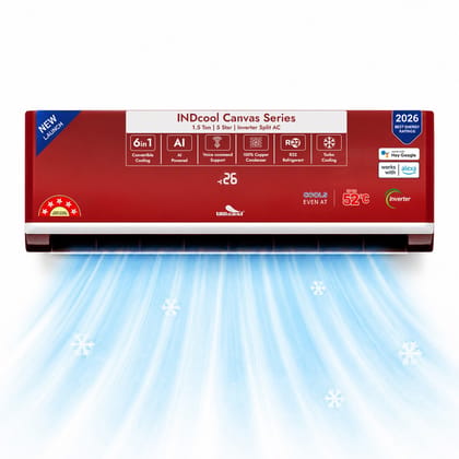 INDcool Canvas Series 1.3 Ton 5 Star Inverter Split AC | 6-in-1 Convertible Cooling | AI Powered | Wi-Fi Enabled | Voice Control | Bluetooth Connectivity | 100% Copper Condenser | Turbo Cooling | R32 Refrigerant | Redbloom Finish | IDCACSBF16K5CRB | 2026