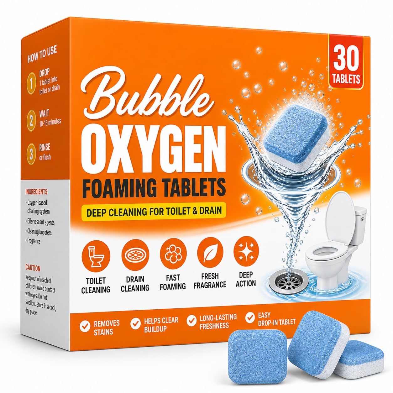 Bubble Oxygen Foaming Toilet and Drain Cleaning Tablets - 30 Count