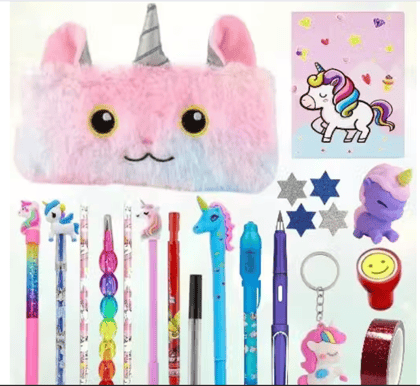 Kids School Stationery Set with Pouch, Pencil Colours & Unicorn Keyring