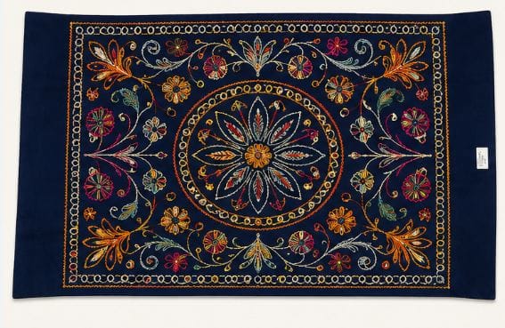Navy Blue Embroidered Table Runner with Floral Motif