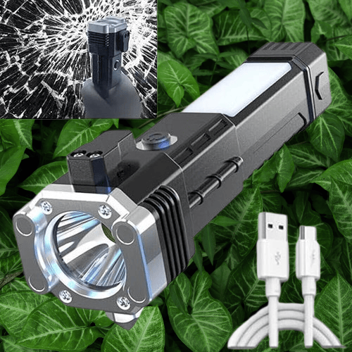 Rechargeable Outdoor Camping and Emergency Torch with Rescue Hammer, Magnetic Work Light and Long Battery Backup