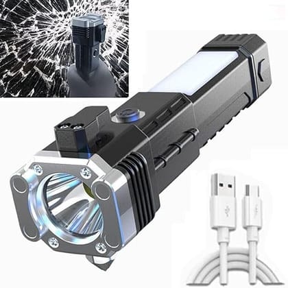 Rechargeable Tactical LED Torch with Car Rescue Hammer, Emergency Cutter and Long Distance Beam