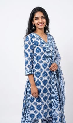 Women Blue Printed Kurti With Dupatta Soft Cotton