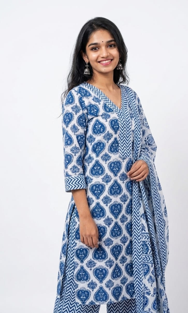 Women Blue Printed Kurti With Dupatta Soft Cotton