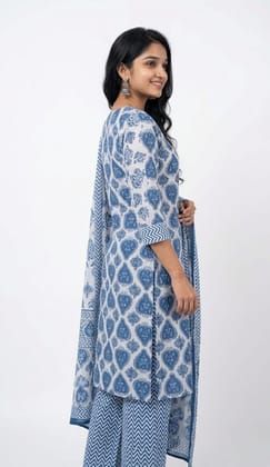 Women Blue Printed Kurti With Dupatta Soft Cotton