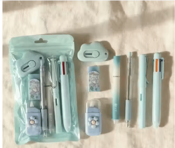 7 Pcs Cute Stationery Set for Girls – Aesthetic School Supplies Kit (Blue)
