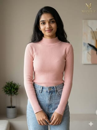 Full Sleeve Peach High Neck Top for Women