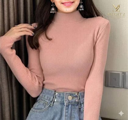 Full Sleeve Peach High Neck Top for Women