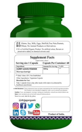 Dr. JPG Organic herbals Curry Leaves Capsules Liver Wellnes 60 Veg. CapsulesI/INDIA ORGANIC Certified (Pack Of 2)
