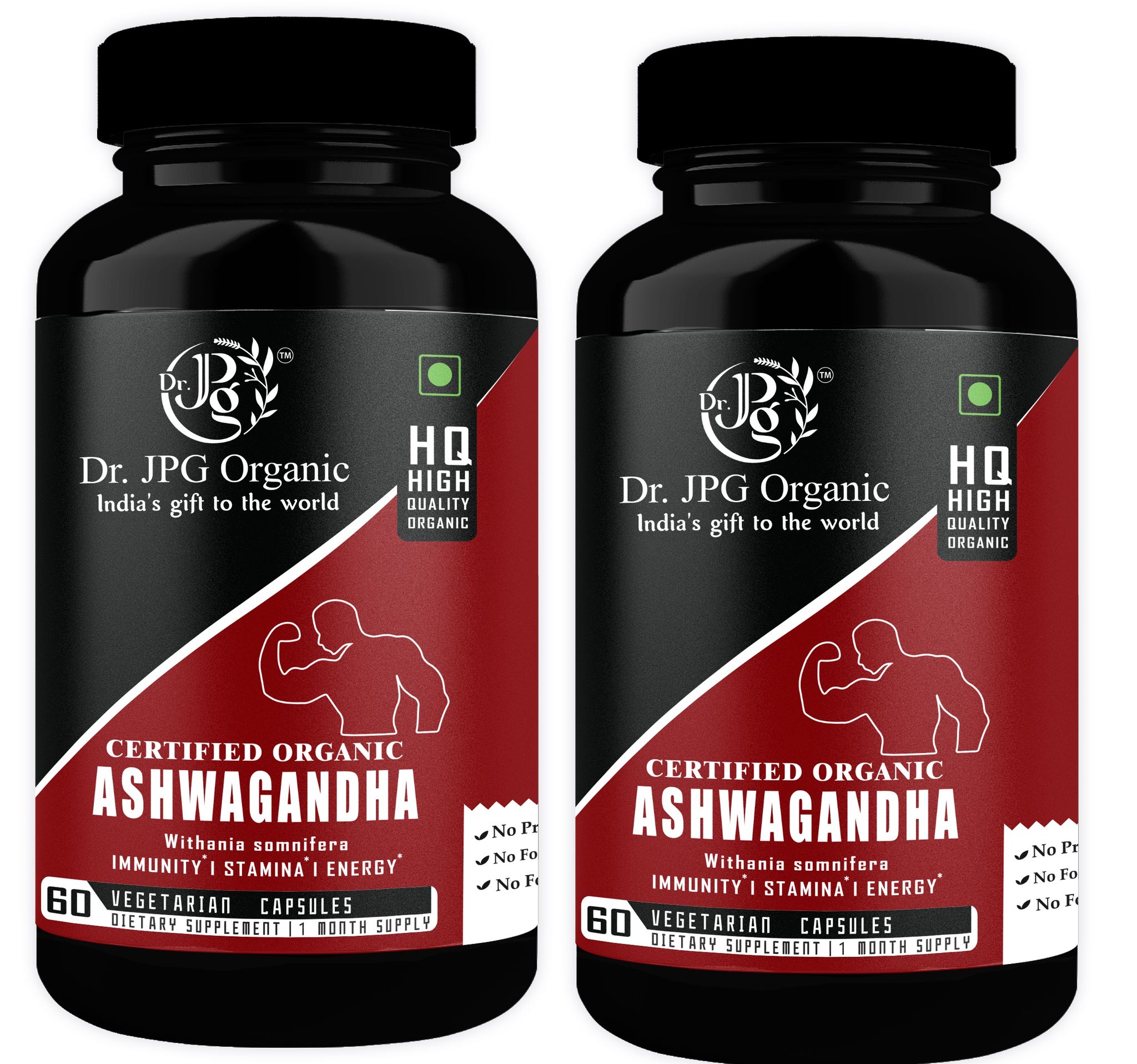 Dr. JPG Organic Ashwagandha Capsules for Energy, Stamina 60 Veg Capsules, Helps in Stress Relief for Men and Women, Withania Somnifera, INDIA ORGANIC Certified, Pack of 2