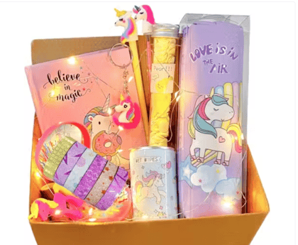 Unicorn Goody Box Combo Party Favor Supplies – Unicorn Diary, Mermaid Notebook, Lipstick Pen, Keychain & Designer Tape Gift Set
