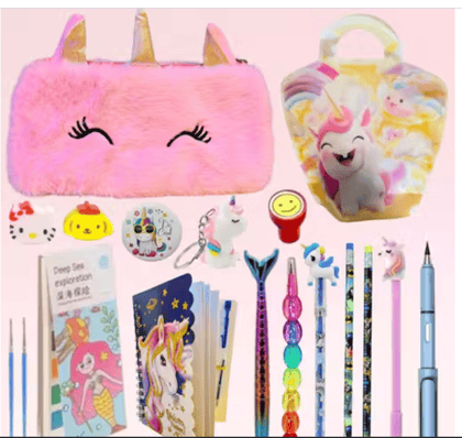 GSI Unicorn Fur Pouch & Diary Stationery Gift Set – Unicorn Bag, Paint Colour Book, Pens, Pencil, Eraser, Brooch, Keyring & Stamp