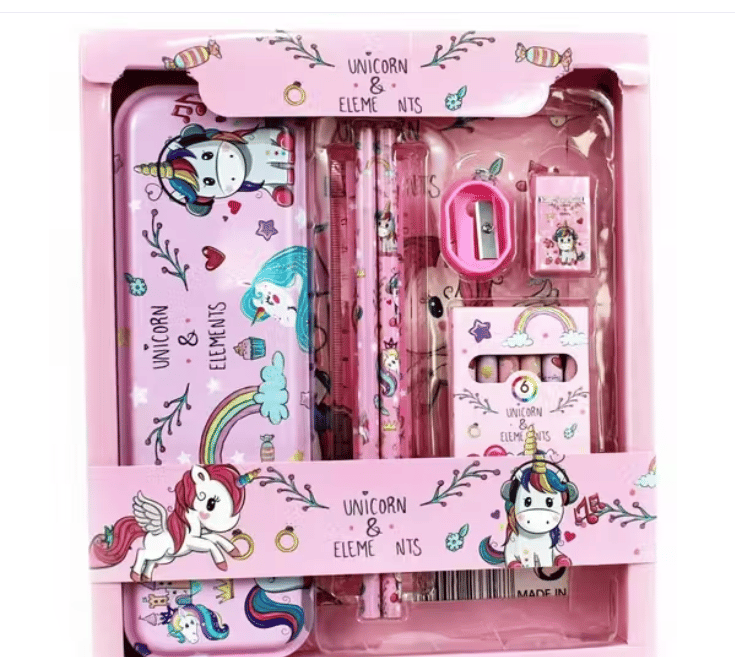Unicorn Cartoon Printed Stationery Set with Pencil Box / Geometry Box for Kids