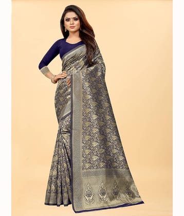 Gazal Fashions Banarasi Silk Embellished Saree With Unstitched Blouse Piece ( Blue )
