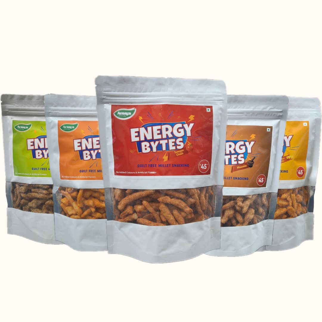 Energy Bytes Guilt Free Millet Snacking Combo (Pack of 5) Flavours - Pudina, Masala, Tangy tomato, Tomato Chilli, Cheese Chilli