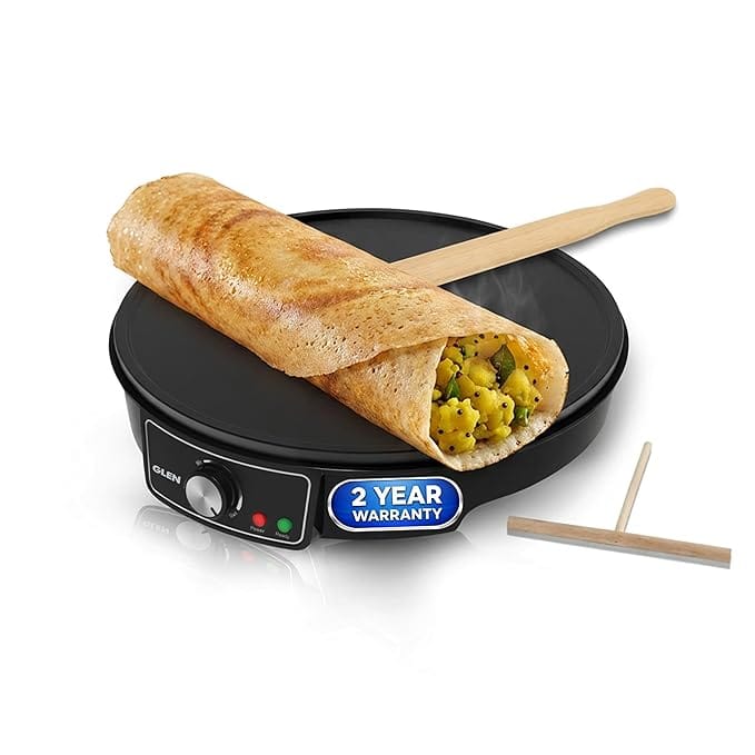 Glen Electric Tawa 1000W | 30cm Non-Stick Griddle | Adjustable Temperature Control | Ideal for Roti, Dosa, Pancake, Chilla, Uttapam, Omelette & more | Power Indicator | Black | 2 Year Warranty