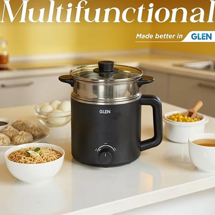 Electric Kettle By Glen with Steamer 1.5L, 600W | Multipurpose Kettle for Tea, Coffee, Milk, Eggs, Soup & Noodles | Dual Heat Settings, Auto Shut-Off