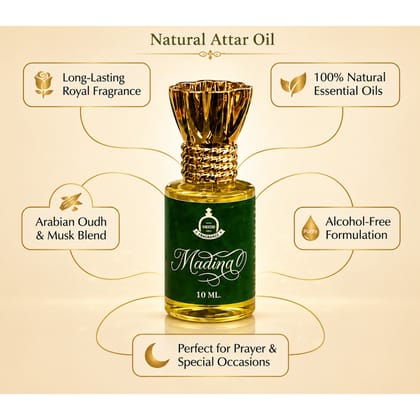 Elegantra Madina Pure Concentrated Attar (10ml) | Premium Long Lasting Non-Alcoholic Perfume Oil | Rose & Sandalwood Oriental Fragrance for Men & Women (Pack of 1)