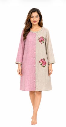Women's Pink & Beige Color-Block Rose Printed Kurta