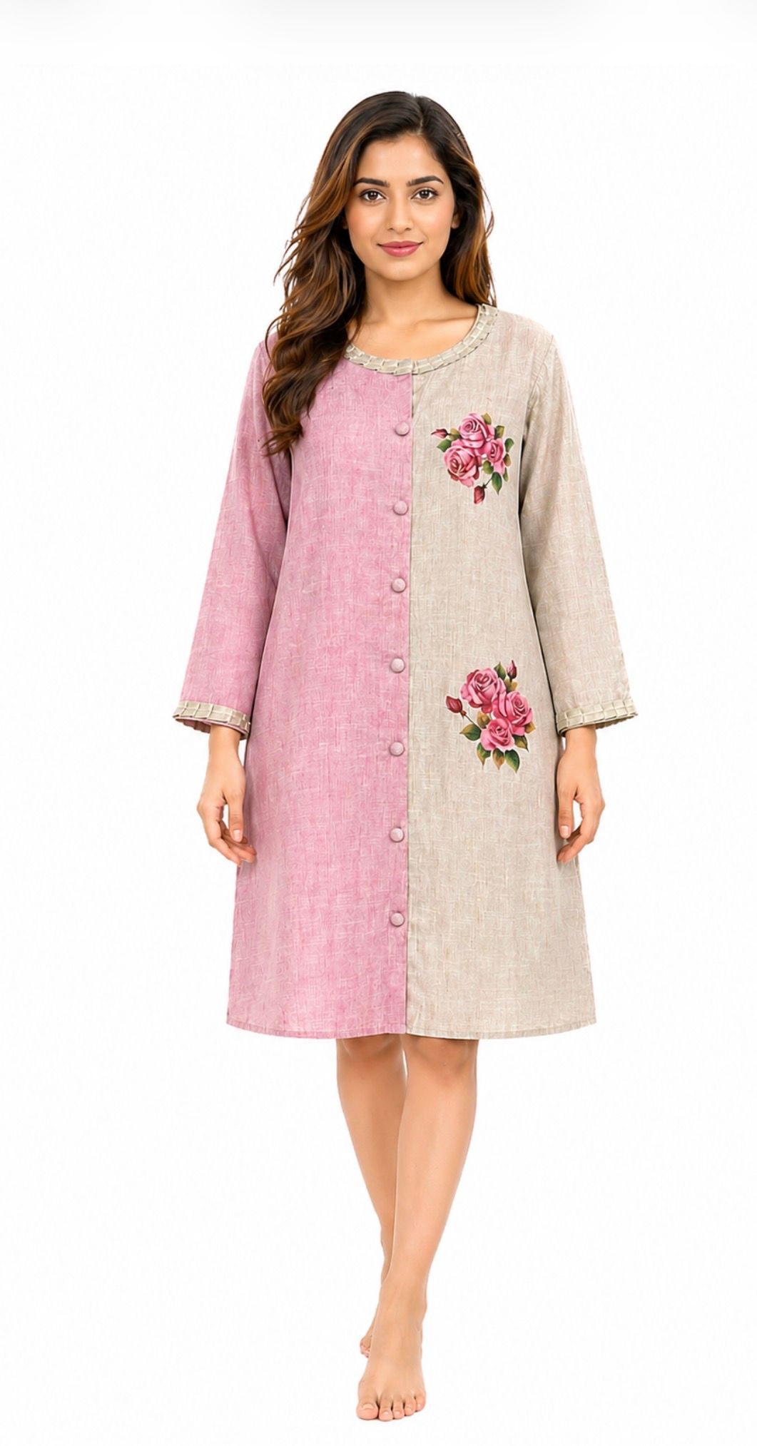 Women's Pink & Beige Color-Block Rose Printed Kurta