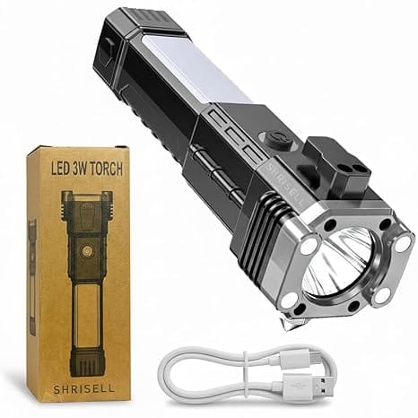 Multi-Function LED Emergency Torch, Rechargeable inbuilt Power Bank, Glass Breaker, Seatbelt Cutter, Magnetic Base.