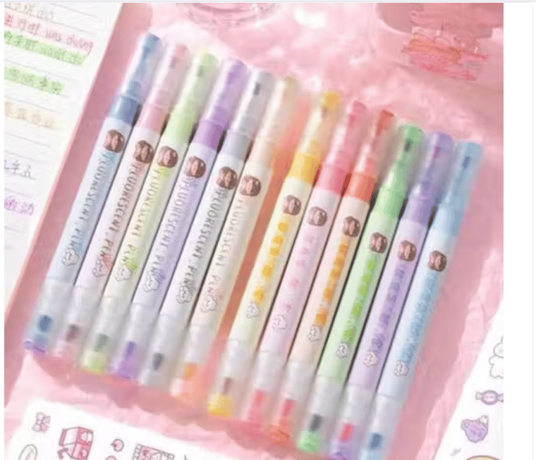JK 12Pc Double-Head Marker Pens Set with Stickers – Non-Toxic Multicolor Highlighter & Multipurpose Markers