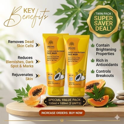 Elegantra Papaya Skin Brightening Face Wash 100ml each Pack of 2 | Anti-Pigmentation Face Cleanser for Dark Spots, Tan Removal, Uneven Skin Tone & Glowing Skin | Deep Cleansing Papaya Face Wash