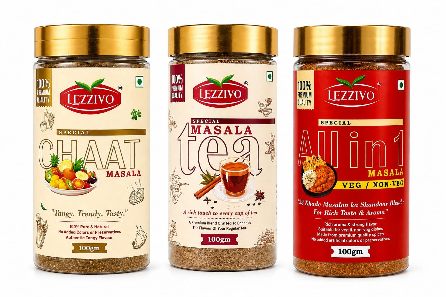 LEZZIVO Complete Kitchen Combo Pack (300g) | All In One Masala + Tea Masala + Chaat Masala | 3 Jars x 100g