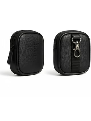 Leather Universal Zipper Pouch with Metal Hook |For Earbuds, Coins, Keys, USB Cable & Charger Storage Case | Compact Travel Organizer Keychain Pouch (Black)