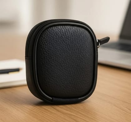 Leather Universal Zipper Pouch with Metal Hook |For Earbuds, Coins, Keys, USB Cable & Charger Storage Case | Compact Travel Organizer Keychain Pouch (Black)
