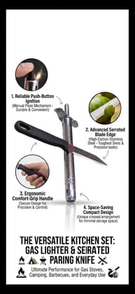 Stainless Steel Gas Lighter and Serrated Paring Knife Kitchen Set COMBO