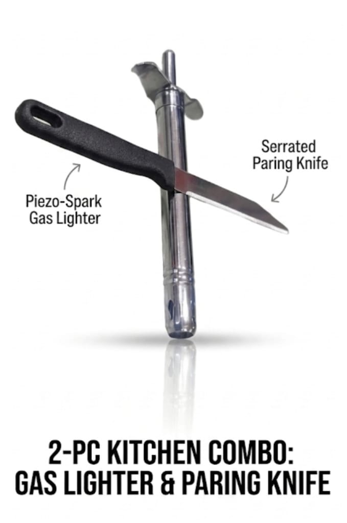 Stainless Steel Gas Lighter and Serrated Paring Knife Kitchen Set COMBO