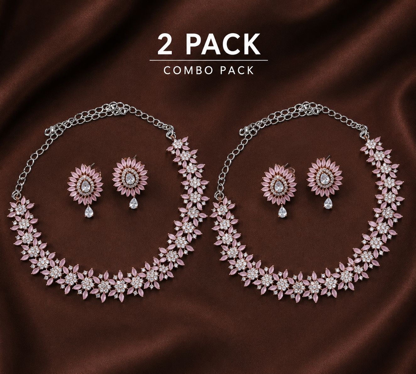 Rose Gold-Plated Pink Stone & Cubic Zirconia Floral Necklace Set (Pack of 2)