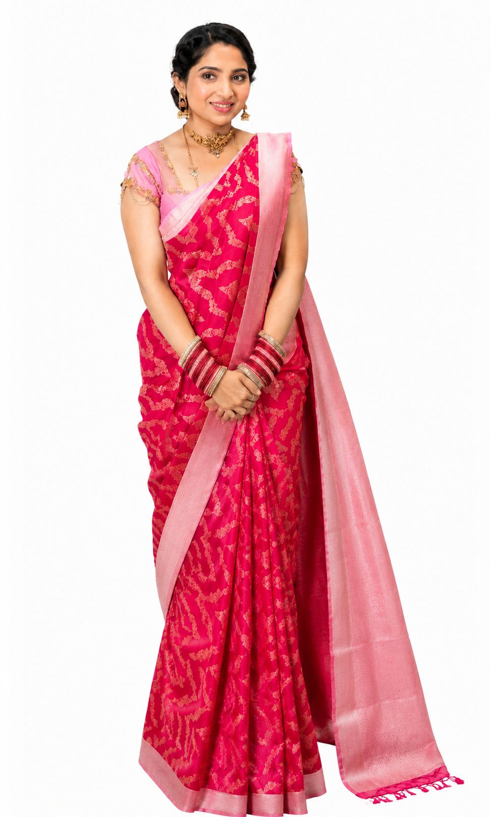 Women's Hot Pink Silk Blend Saree with Gold Zari & Unstitched Blouse Piece