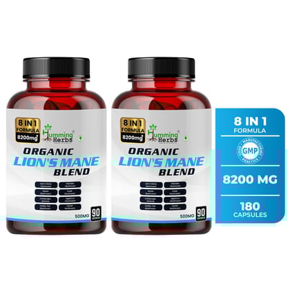 Humming Herbs ORGANIC LION'S MANE MUSHROOM BLEND with Beta Glucans and Blend of Maaitake, Reishi, Enoki, Cordyceps Sinensis, Agaricus, Turkey Tail, Oyster Mushrooms 8in1 formula 8200MG, 90 Capsules - Pack of 2
