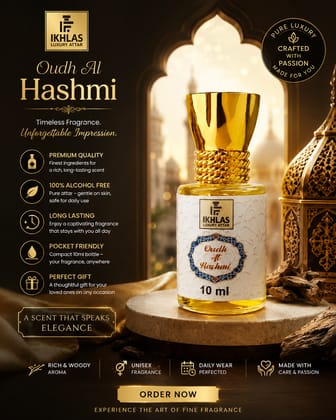 Elegantra Oudh Al Hashmi Luxury Pure Attar Roll On (10ml) | Long Lasting Concentrated Non-Alcoholic Perfume Oil | Premium Traditional Arabic Oudh Attar for Men & Women (Pack of 1)