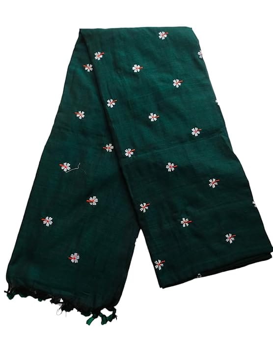 Women's Dark Green Embroidered Saree with Tassels